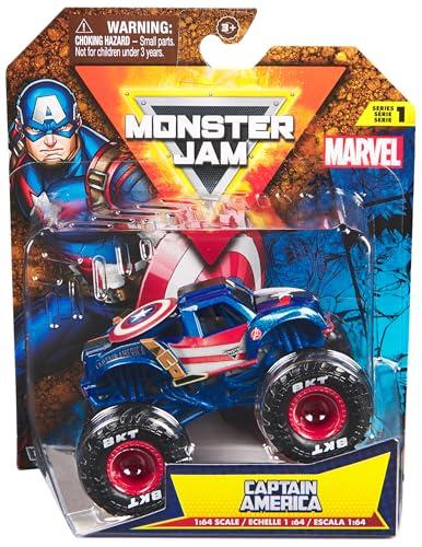 MONSTER JAM, Veicolo Monster Truck Ufficiale Marvel Captain America, Veicolo Die-Cast, in Scala 1:64, Giocattoli per Bambini dai 3 Anni in su
