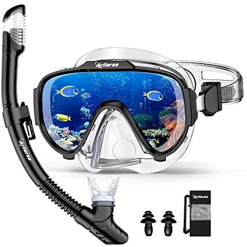 Arlierss Set per Snorkeling, Anti-Fog Maschera Subacquea Panoramica a 180 Gradi e Snorkel Pieghevole, Anti-Perdite Maschera Snorkeling, Set Snorkeling, Set per Lo Snorkeling ​a Secco, Unisex Adulto