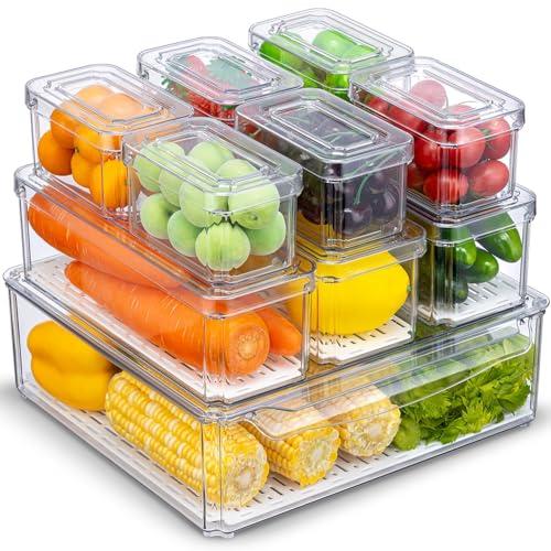 KUMD Organizer Frigorifero 10 Pezzi, Transparenti, Senza BPA - Contenitori frigo con Coperchi per Frutta, Verdura e Cucina, Accessori Frigorifero