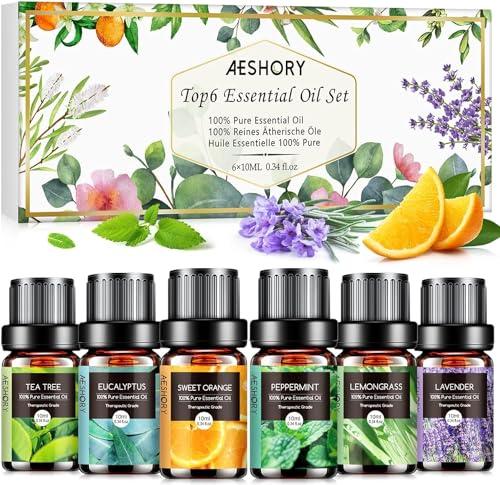 AESHORY Set di Oli Essenziali per Diffusori 6 x 10ML, 100% Puri Naturali Olio Essenziale Profumate per Aromaterapia, SPA, Massaggio - Lavanda, Tea Tree, Menta Piperita, Eucalipto, Arancia Dolce