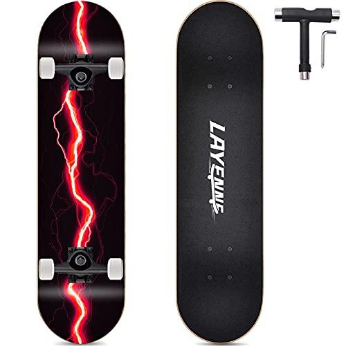 Completo Skateboard Professionale,tavola in acero a 8 strati,31'' x 8'' skateboard double kick deck concavo,Adatto per adulti, principianti, ragazzi, ragazze, adolescenti, bambini-red