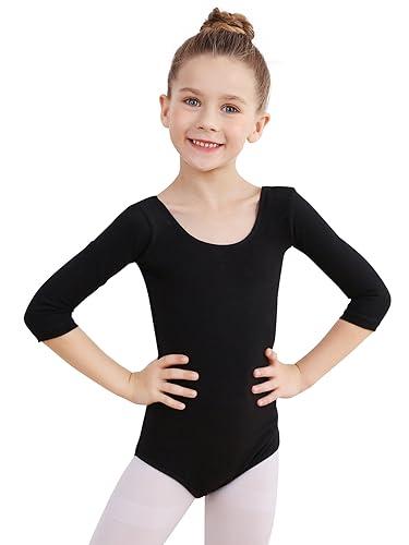 Soudittur Body Danza Classica per Bambine e Donne Cotone Body Ginnastica Artistica Costumi per Balletto Body 3/4 Maniche Lunghe (150, Nero)