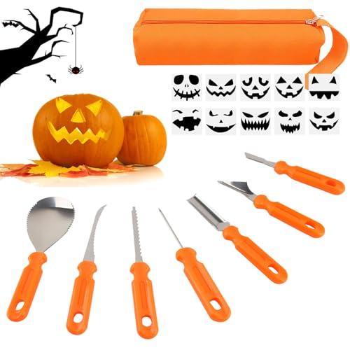 dellyy Kit Intaglio Zucca Halloween, Professionale Kit Intaglio Zucca Halloween, 7 Pezzi Set per Intagliare di Zucca Halloween, Viene Fornito con 10 Sagome Riutilizzabili per Intagliare le Zucche