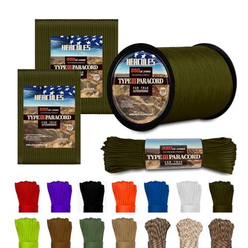 HERCULES Tipo III Paracord 550 Corda Paracord Corda per paracadute, verde militare da 50' per fai da te, campeggio, sopravvivenza, all'aperto