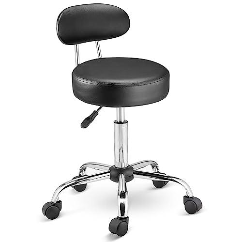 BAKAJI Sgabello con ruote e schienale, Sedia da lavoro girevole con supporto schiena, Seduta Imbottitura 10 cm Ecopelle e Base Acciaio, Altezza Regolabile, per estetista, ufficio, lavoro (Nero)