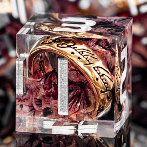 ORIFANTOU Magic Golden Ring DND Dice Set Sharp Edge Resin Dice with Case, Pink Flower Lord D and D Dice for use with D&D RPG Role Playing Games, Polyhedral Dice Set D20 D12 D10 D8 D6
