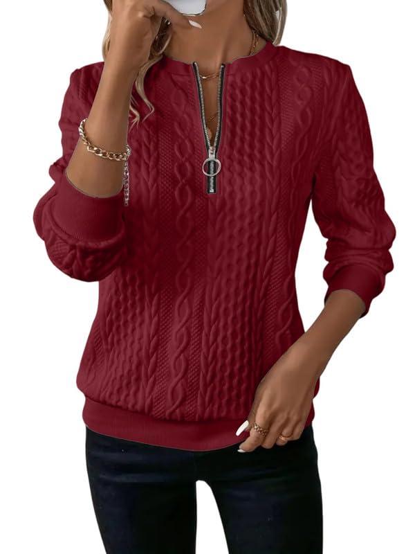 Sukiglam Felpa Donna Senza Cappuccio Mezza Zip Scollo a V Maglione a Maniche Lunghe in Maglia Treccia Elegante Pullover Casual Camicia Moda Felpe Tinta Unita Base Top Autunno Inverno