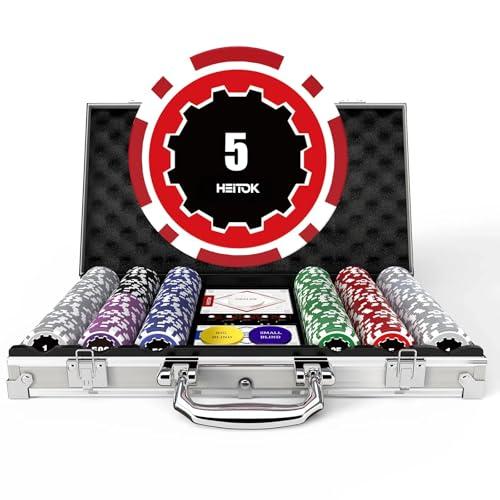HEITOK Fiches da poker con taglio, set di 300 fiches da casinò numerate e pesate da 11,5 g, 5 dadi, 2 mazzi con custodia compatta in alluminio per Texas Hold'em e Blackjack, dagli 8 anni in poi