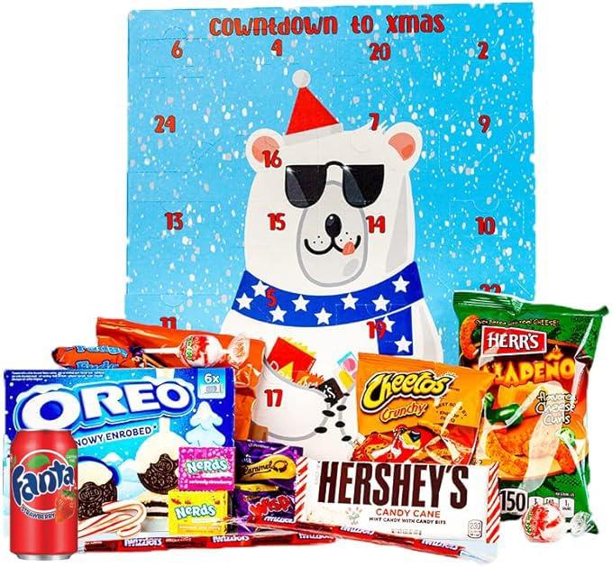 Calendario Dell’Avvento GRANDE 2025, +24 Snack USA e Internazionali, dimensioni REALI GRANDI, NO MINI, con BEVANDE, DOLCI e SALATO