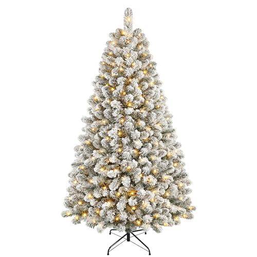 SHareconn Albero di Natale Artificiale 210cm Neve e Luci LED 320 LED Bianco Caldo, 8 Modalità, Pieghevole & Antifiamma