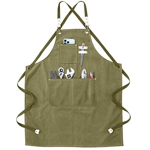Grembiule da Lavoro - Grembiule da Saldatura con Tasche per Attrezzi Cinghie Incrociate Regolabili sul Retro Indumenti Protettivi per Uomo e Donna Perfetto per Giardino,Cucina,Garage (Verde) 78*57cm