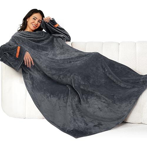 Winthome Coperta con Maniche - Coperta Pile Morbida e Calda, Plaid con Maniche con Velcro, Coperta Indossabile per Regalo Natalizio Donna Uomo, Risparmia Costi di Riscaldamento (Grigio, 140x180cm)
