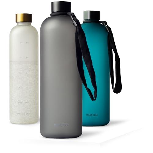 MAMEIDO Bottiglia acqua 1,5 litri, Borraccia plastica tritan a tenuta stagna, senza BPA, bottiglia motivazionale con orario (Carbon Grey)