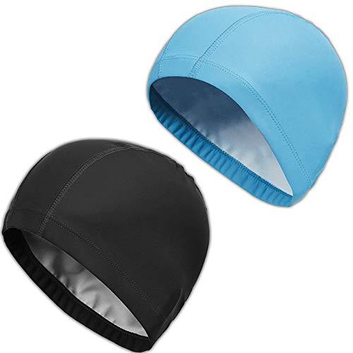 2 Pezzi Cuffie da Nuoto Cuffia Piscina per Uomo Donna Cuffie Piscina Adulto Tessuto Cuffia da Bagno in Tessuto Impermeabile Elastico Protezione dei Capelli (Nero+Blu)