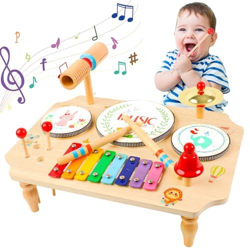 LZDMY Giochi Montessori per Bambini 1-3 Anni, Batteria Musicale per Bambini 1-5 Anni, 11 in 1 Tamburo Bambino Xilofono, Giocattoli Musicali in Legno, Regalo per Bambina per Compleanno, Natale, Pasqua