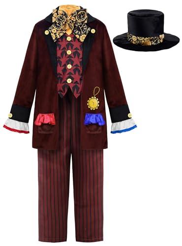 ReliBeauty Cappellaio Costume Bambino 3-12 Anni Vestito Carnevale con Cappello Halloween