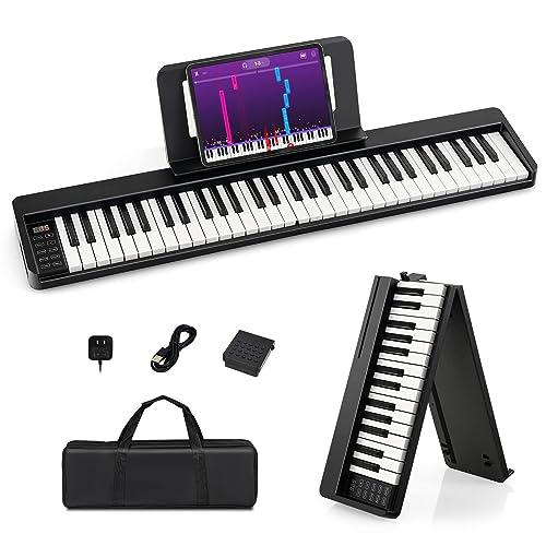 RELAX4LIFE Pianoforte Digitale Portatile a 61 Tasti Illuminati, Pieghevole con Doppie Tastiere, Custodia, Leggio, Modalità di Insegnamento,Schermo LED, MP3/USB/MIDI/Bluetooth