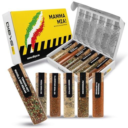DIBYS MAMMA MIA! Set Regalo di Spezie Italiane | 6 Mischioni di Spezie con Ricette Incluse | Peperoncino, Mix per Bruschetta Classica, Pomodoro con Rucola e Sesamo & altro | Regali per Gourmet