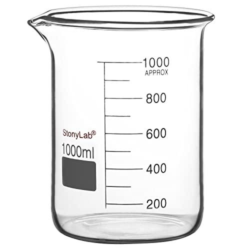 stonylab Bicchiere di vetro, 1 Confezione Vetro Borosilicato Graduated Low Form Griffin Beaker con Becco di Versamento Bicchiere da Laboratorio, 1000 ml