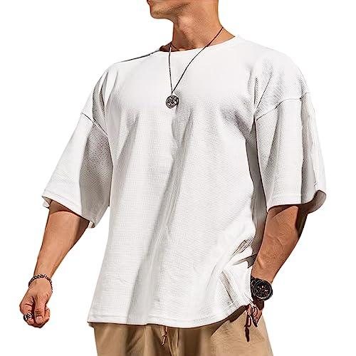 Muscle Alive Uomo Basic Magliette a Maniche Corte Cialda Felpa Perdere Peso Allenamento Maglione Maglia Girocollo Bianco L