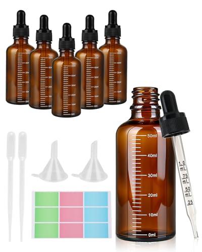 SZEBISOA 6 flaconi pipetta da 50 ml – Pipette contagocce in vetro ambrato con 2 imbuti, 2 pipette contagocce vetro e 1 foglio di etichette, ideale per oli essenziali, aromaterapia e laboratorio