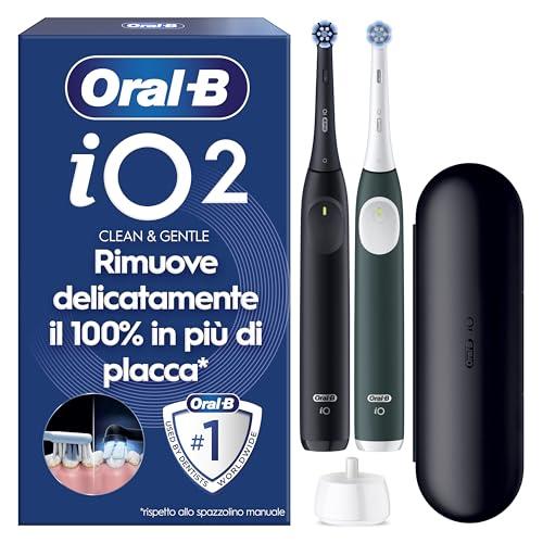 Oral-B iO2 Spazzolino Elettrico | Confezione da 2 |Nero e Verde | 2 Testine di Ricambio | Fino a 4 settimane di carica | Custodia da viaggio