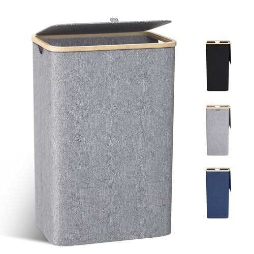 Cesto Portabiancheria Sporca Grande -100L Cesto Biancheria Sporca per Bagno in Bambú con Coperchio, Cesta Panni Sporchi con Manici per Bagno, Lavanderia, Camera da Letto per Salvaspazio-Grigio