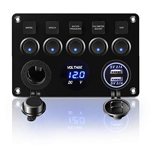 KAOLALI Pannello Interruttori Barca 5 interruttori, Pannello Barca Auto IP65 Impermeabile Dual USB Caricatore Presa Accendisigari 12V/24V LED Pannello Interruttori per Camper Barca RV Auto Camion(Blu)