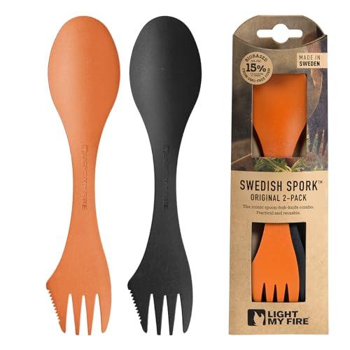 Light My Fire Spork Original - Set da 2 Posate Campeggio Combo Forchetta Coltello Cucchiaio Portatile 3-in-1 Posate da Viaggio Riutilizzabili, Escursionismo e Picnic Senza BPA, Arancia/Nero