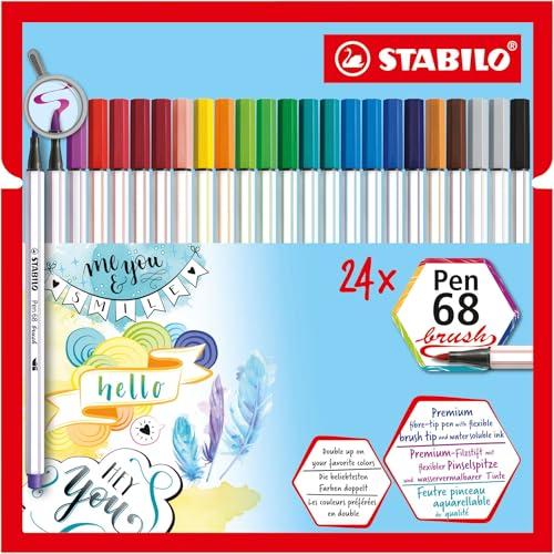 STABILO Pen 68 brush - Pennarello Premium con punta a pennello - Astuccio da 24 - con 19 colori assortiti