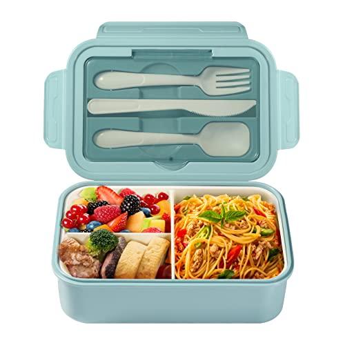 Diboniur Porta Pranzo, 1400ml Lunch Box con Posate, Schiscetta Pranzo Bambino Adulto Bento Box con 3 Scomparti, Schiscetta Contenitore Ermetico per Microonde Ufficio Lavoro Picnic (Blu)