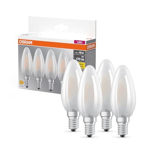 OSRAM LED BASE B40, confezione vantaggiosa con 4 lampadine, sostituisce le tradizionali lampadine da 40W, 4W, bianco caldo (2700K), vetro opaco, non dimmerabile, forma a candela, E14