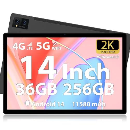 LEVIRTU Tablet 14 Pollici Android 14 tablet, 256 GB ROM(Expand to 2TB),36 GB(12+24) RAM, Octa-Core 2.0GHz, 2000 * 1200 FHD 4 Speakers, 4G LTE/5G WiFi, 11580 mAh Battery, Con Custodia, Penna,Nero