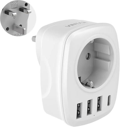 VINTAR 1PC Adattatore Presa Inglese,Tedesca 5 in 1 con 3 Porte USB e 1 Porta USB-C, Adattatore Inglese, Qatar, Gambia，Irlanda,Spina Tipo G