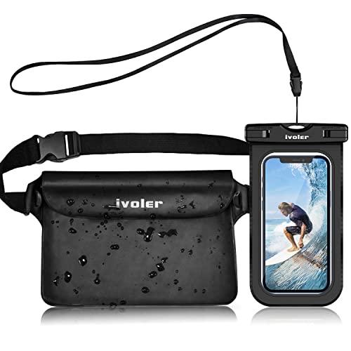 iVoler Kit Impermeabile con Borsa Marsupio e Custodia Smartphone per Sport Pesca Vela Escursione, Proteggere Il Tuo Cellulare, Portafoglio,2 ECC (Nero)