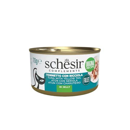 Schesir, Filetti di Tonno con Ricciola in Gelatina, Cibo Umido Complementare per Gatti, Ricetta Originale, 100% Naturale, 12 lattine da 70g