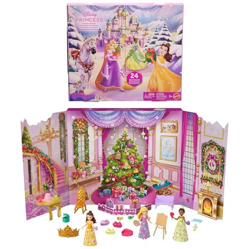 Mattel Disney Princess Calendario dell'Avvento con 24 giorni di sorprese, tra cui 3 mini bambole, 3 amici, 6 abiti e 16 accessori ispirati ai film, JFG79
