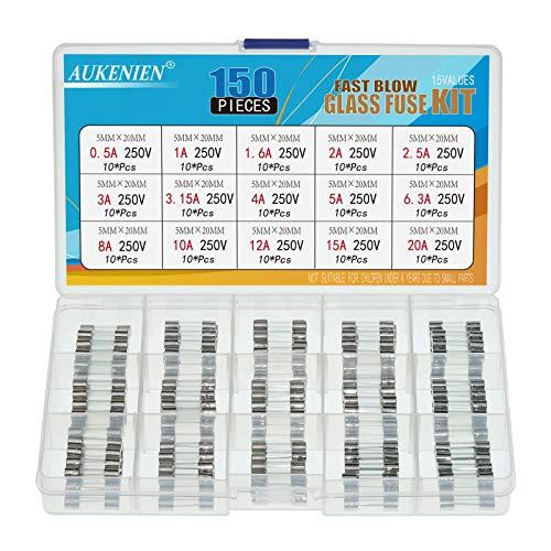 AUKENIEN 15 Valori 150 Pezzi Fusibili Vetro 0.5A 1A 1.6A 2A 2.5A 3A 3.15A 4A 5A 6.3A 8A 10A 12A 15A 20A Ampere 250V 5x20mm Kit Assortimento di Fusibile in Vetro ad Azione Rapida