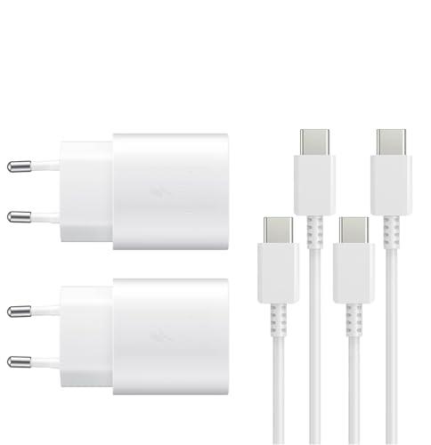 2 Pezzi 25W Caricatore USB C Rapido Caricabatterie per Samsung Galaxy S24, S23, S22 Ultra, S21, S20, A54, A53, A14, Fold5/4, Flip 5/4, Note10 Rapida USB C Carica Alimentatore Presa con Cavo - Bianco