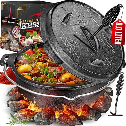 KESSER® Set forno olandese, Casseruola per barbecue, pentola in ghisa con manico per sollevare il coperchio e fessura per termometro, per barbecue, pentola per gulasch, uso esterno e interno