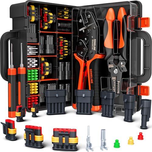 SOMELINE Kit connettori impermeabili per auto, Pinza crimpatrice [0,34–2,5 mm²], Con connettori da 1 a 5 pin, strumento di rimozione e spelafili | Per connettori AMP serie 1,5 mm