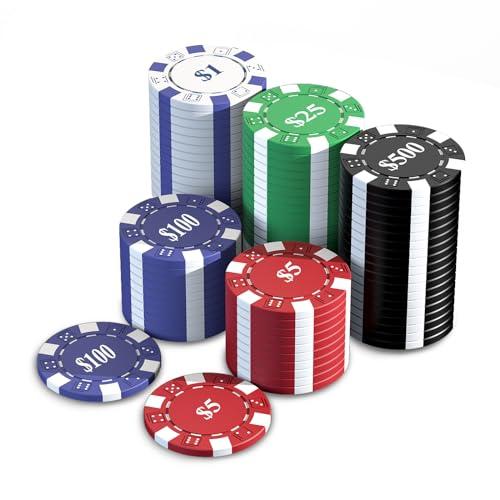 HEITOK Set di Fiches da Poker, 100 Pezzi, 11,5 g, con Custodia in Alluminio e Valori da 1 a 500, Ideale per Texas Hold'em, Blackjack e Giochi da Casinò
