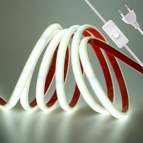 HEGEHE - Striscia LED COB 230V 4m, ogni 10cm può essere tagliato una volta, flessibile impermeabile IP65, striscia neon LED FCOB 240 LED/m 90+, con interruttore [Luce bianca 6000K]