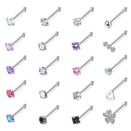 ADRAMATA 20 Pezzi 20G Piercing Naso Acciaio Chirurgico Naso Stud Set Diamante Opale CZ Nostril Piercing Gioielli per Donna Uomo Vite/Dritto/L Forma Naso Anelli Piercing Gioielli Multicolore,I
