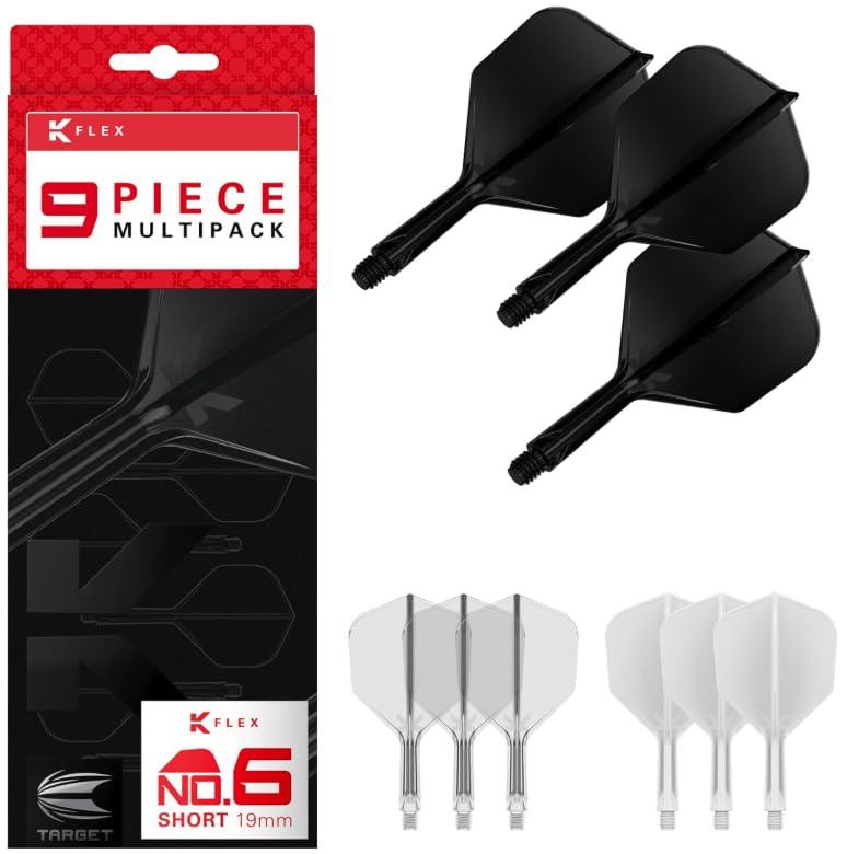 Target Darts K-Flex Integrated Dart Flights And Shafts, Stelo Intermedio (26mm), No.6 Flight, 9-Pack Bundle, Nero, Bianco e Trasparente | Kflex 2 in 1 Flight And STEM, Professional Darts Accessories