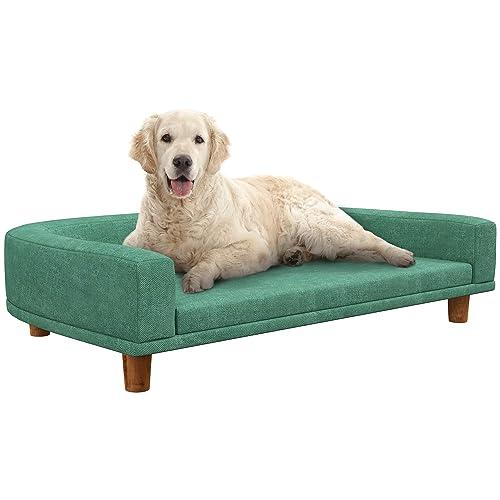 PawHut Divano per Cani di Taglia Grande con Gambe Rialzate e Cuscino Sfoderabile, Divanetto per Cani in Poliestere e Legno, 98x67x25 cm, Verde Chiaro