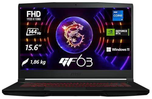 MSI Thin GF63 12UCX-1011, portatile da gioco, 39,6 cm (15,6 pollici), FHD, 144 Hz, processore Intel Core i5-12450H, 16 GB DDR4-3200, 512 GB SSD, NVIDIA GeForce RTX 2050, Windows 11 Home, QWERTY