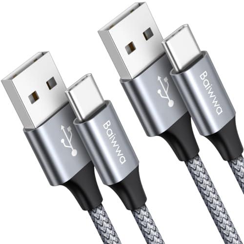 Baiwwa Cavo USB Type-C 1,5m 2Pezzi, Cavo USB A USB C Ricarica Rapida 3A Nylon Intrecciato per iPhone 15 16, Samsung Galaxy S23 S22 S21 S20 Plus, A54 A53 A52 A14 A13, Pixel, Moto-Grigio