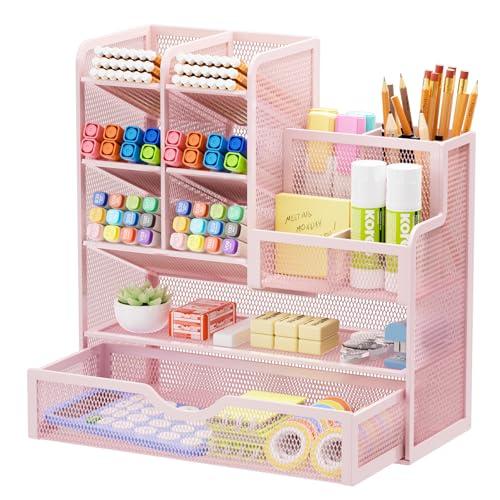 Marbrasse Organizer Scrivania,Multifunzione Rete Porta Penne per Scrivania,Desk Organizzatore,Portaoggetti Penne Cassetti per Casa e Ufficio(Rosa)