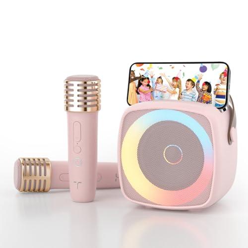 Karaoke per Bambini con 2 Microfono, Regalo Bambina 3-12 Anni Microfono Bluetooth Per Ragazzi e Ragazze, Portabile Macchina Karaoke con Design Supporto per Telefono, sistema PA per feste a casa(Rosa)